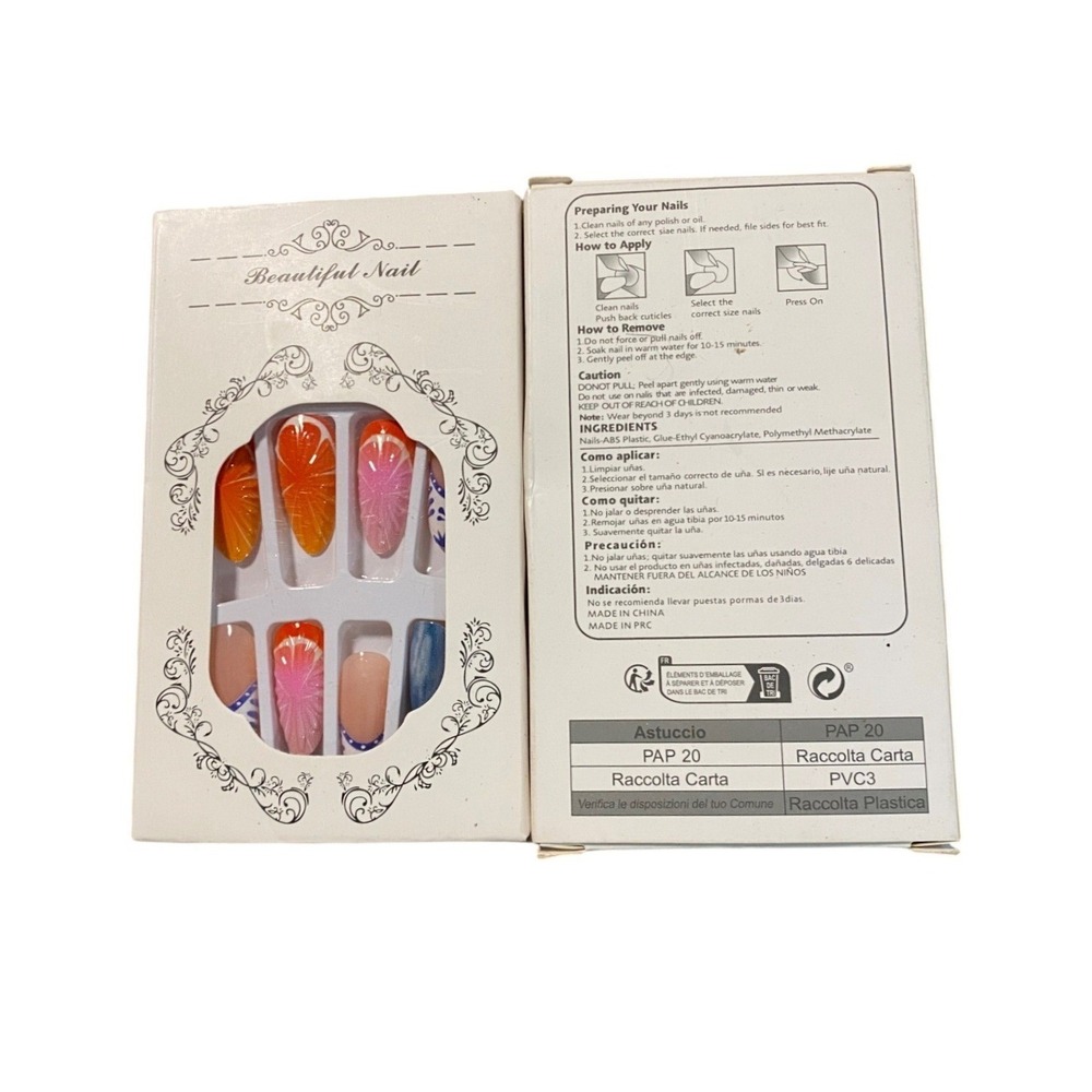 Beautiful Nail Press On Nails Almond Shape Orange‎ Pink Floral Gradient 12pc Set